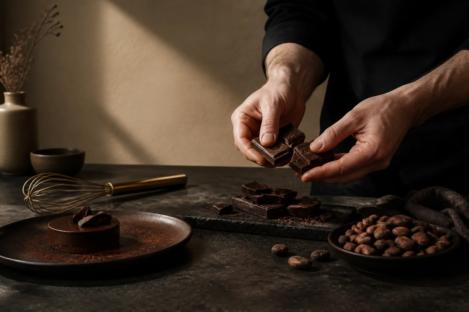 Cioccolato fondente e fave di cacao durante la preparazione